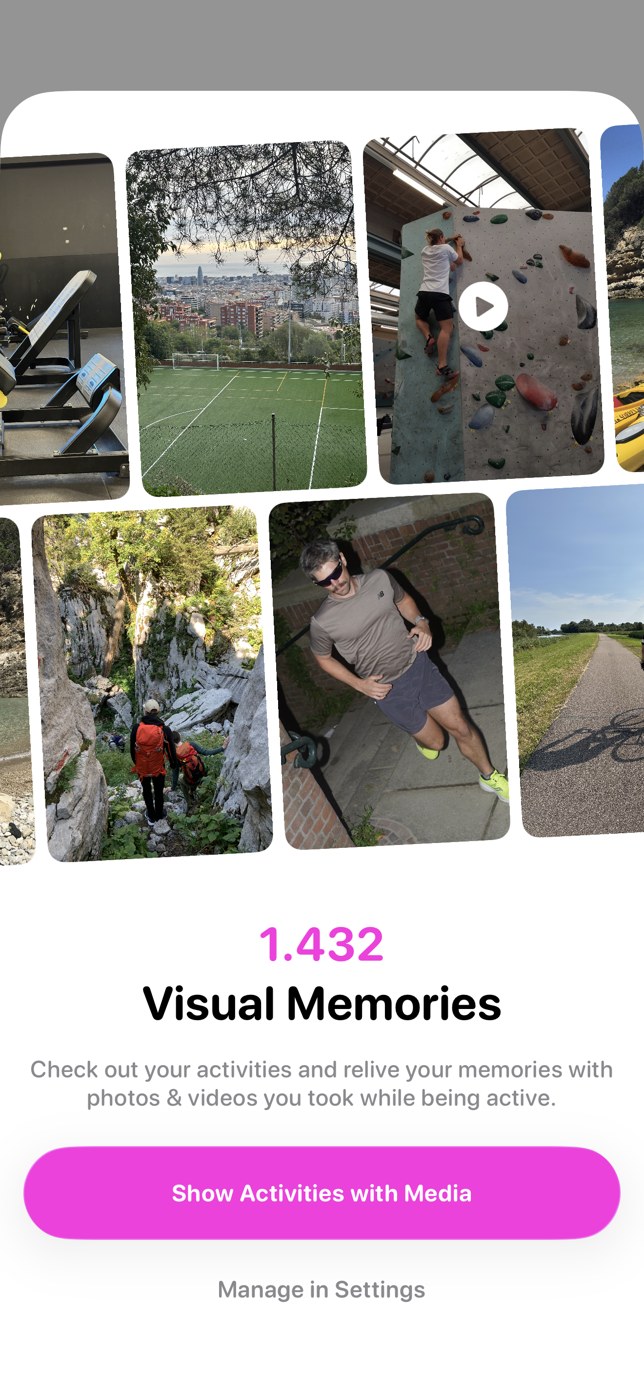 Workout Sessions visual memories gallery with activity photos and videos